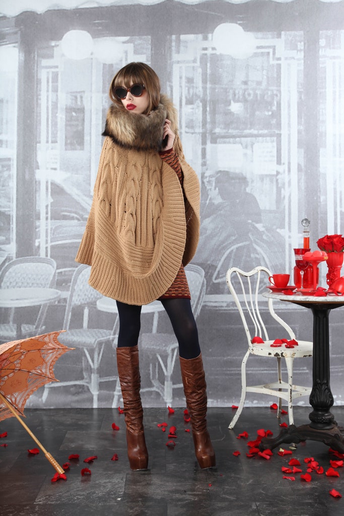 beige knit poncho with brown dress