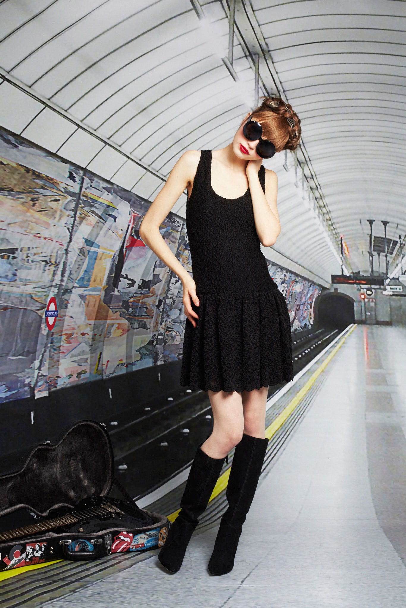 black lace mini dress with boots