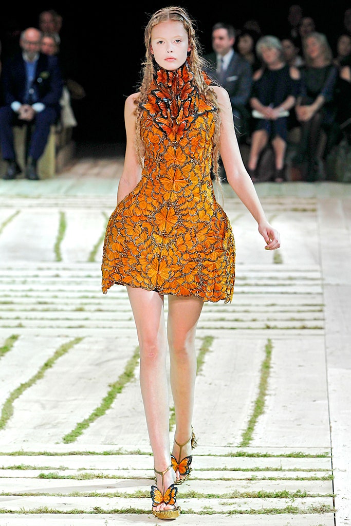 orange silk sleeveless high-neck fitted embroidered flared dress