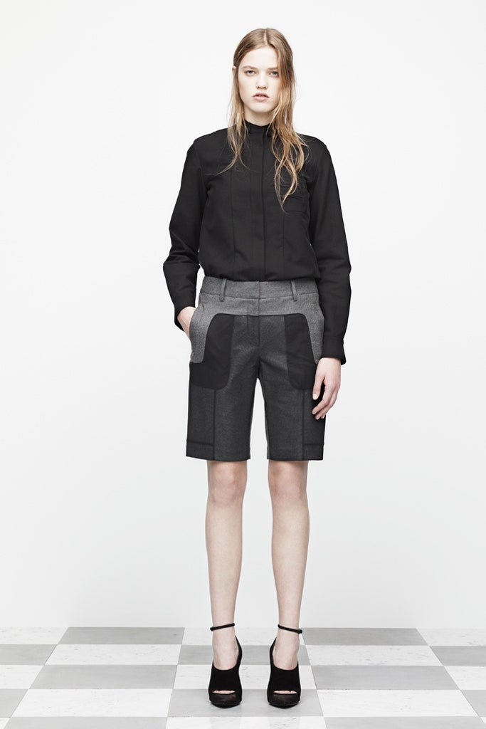 black fitted shirt gray shorts