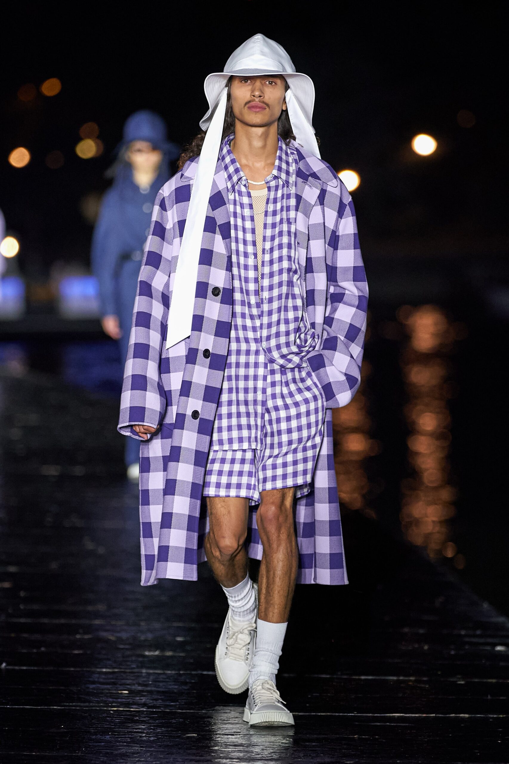 purple and white checked outfit