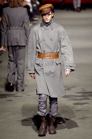 gray wool long-sleeve double-breasted structured belted coat