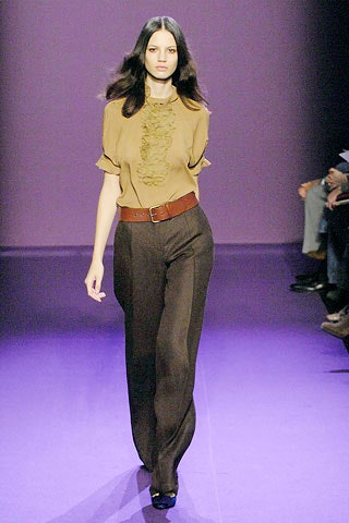 brown silk blouse with tailored pants