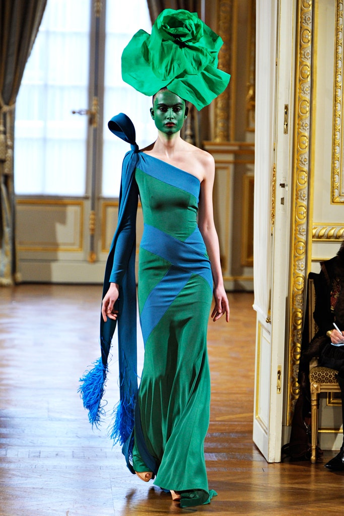 green silk sleeveless off-shoulder fitted draped maxi gown