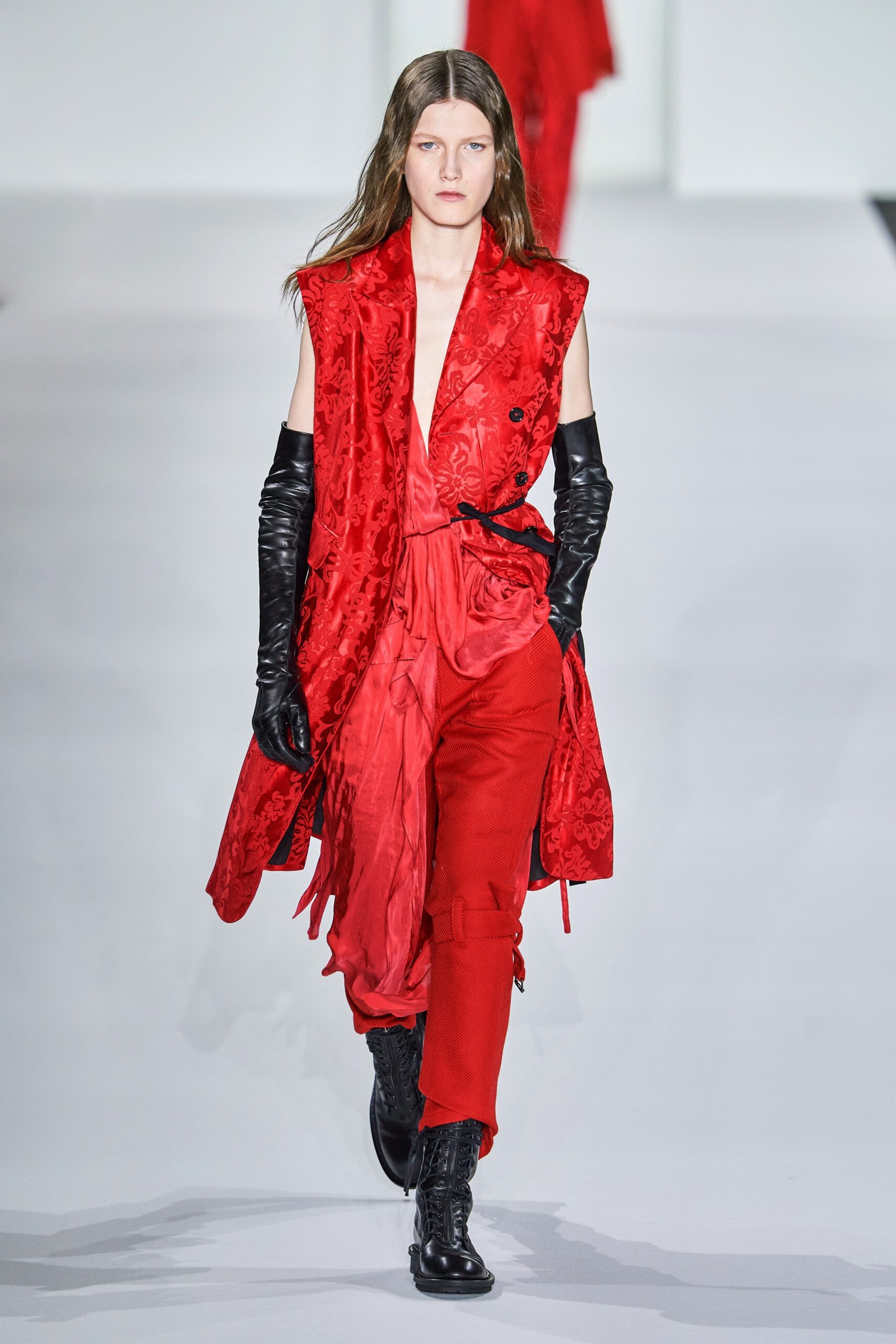 red silk sleeveless v-neck fitted draped jacket
