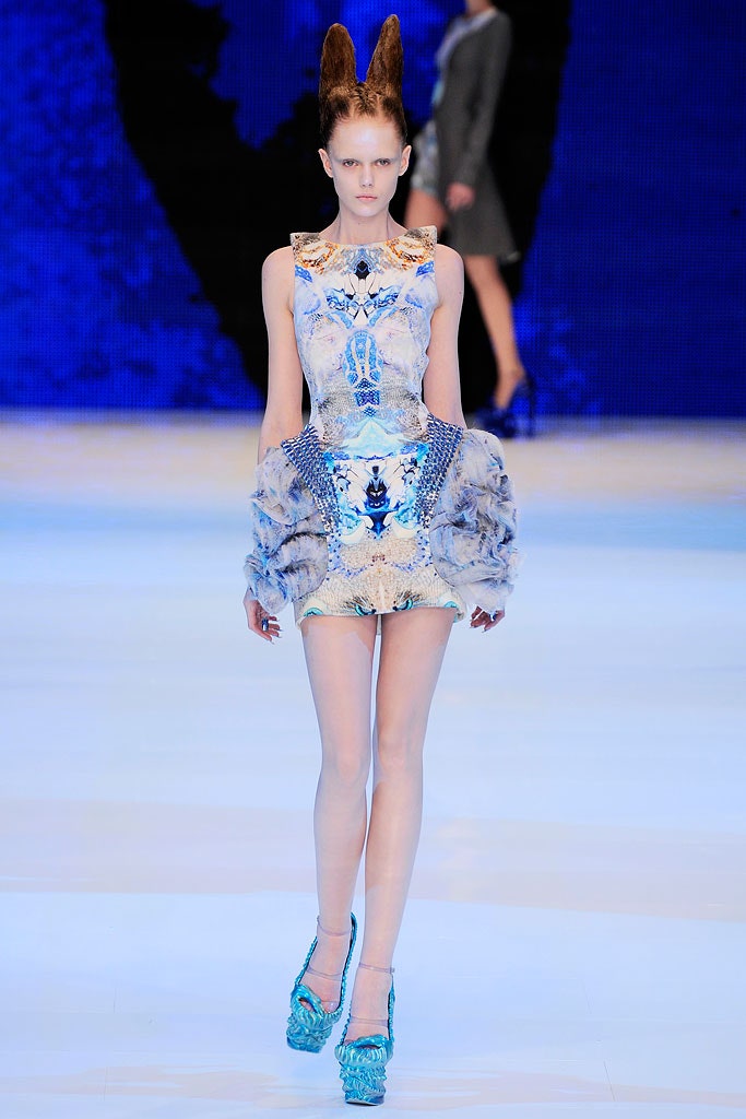 blue and white embroidered mini dress