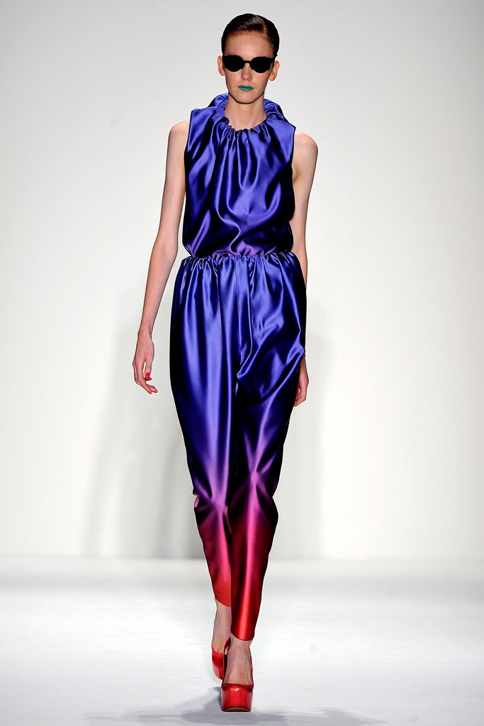 purple silk sleeveless high-neck fitted draped zippered jumpsuit