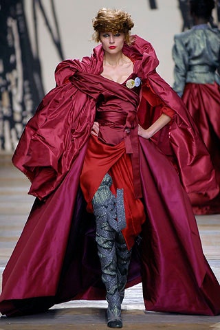 red silk gown with burgundy cape