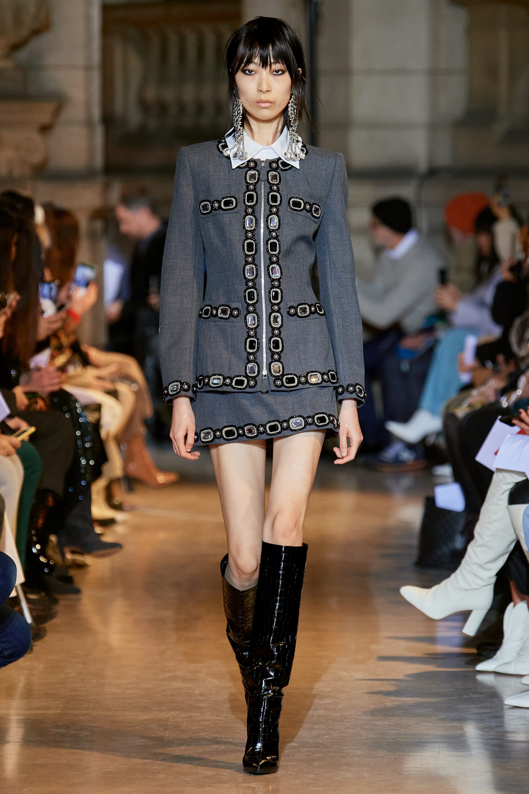 gray fitted mini dress with boots