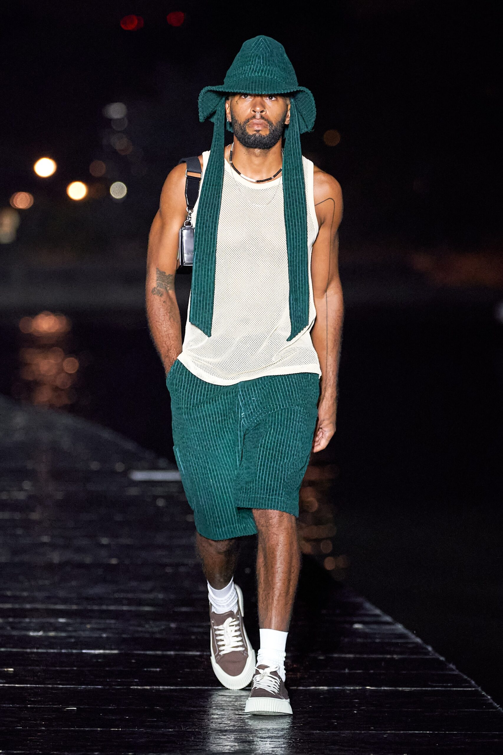 white tank-top green shorts