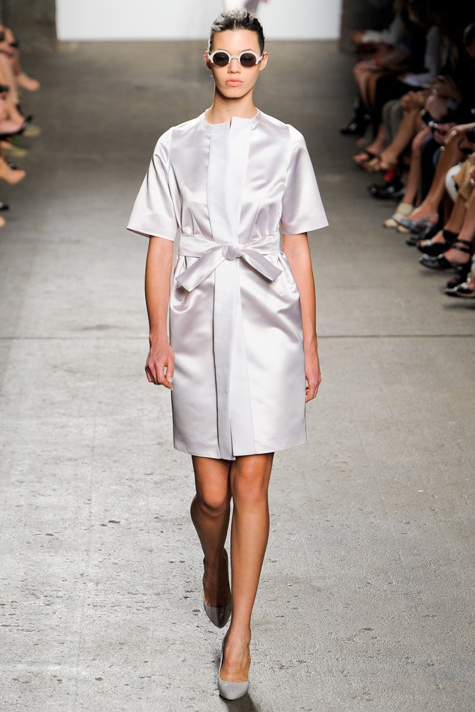 white silk belted dress