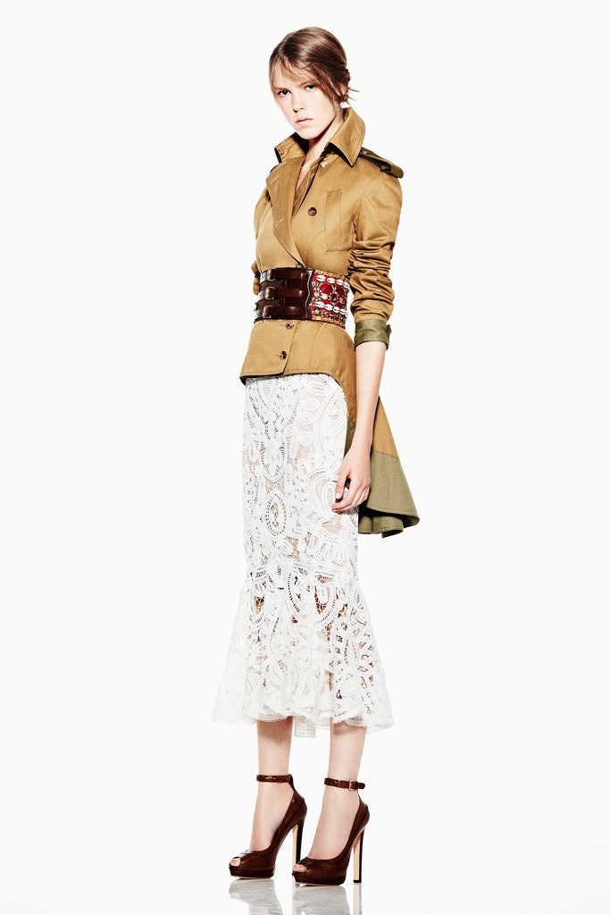 beige jacket with white lace skirt