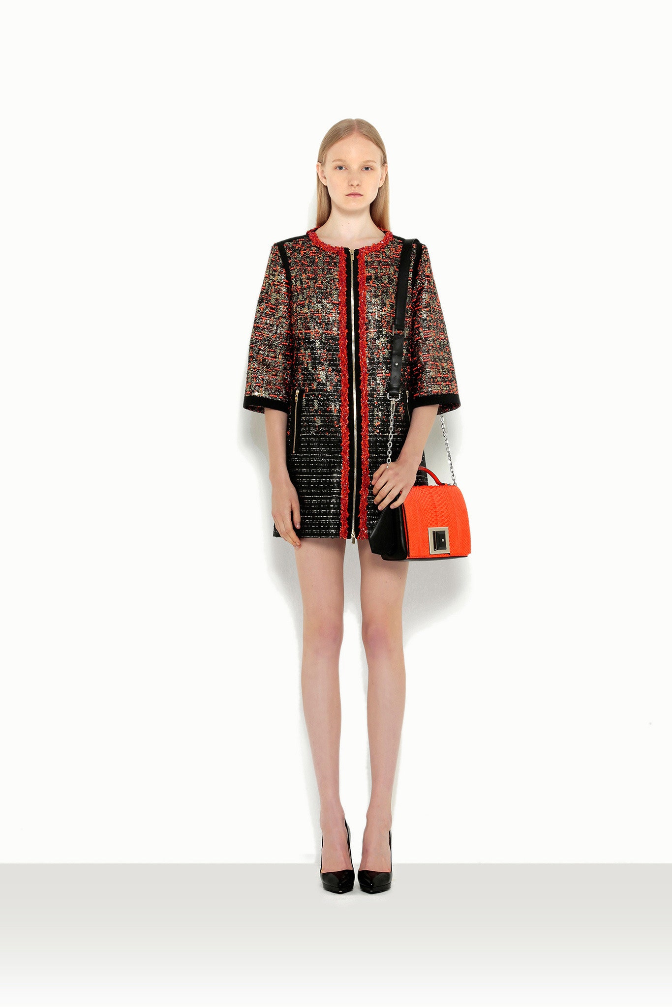 black cotton short-sleeve collared fitted zippered layered dress