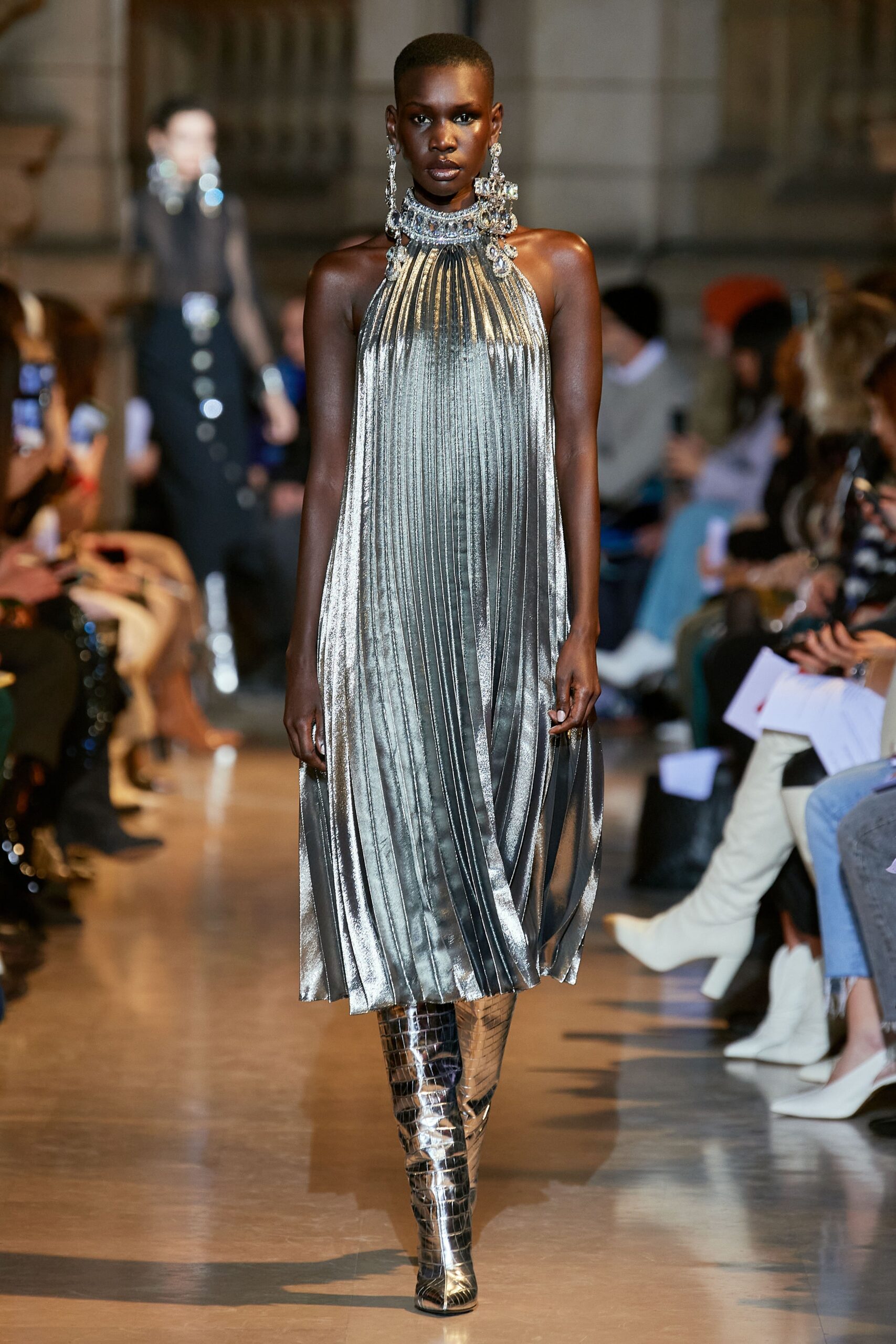 silver pleated midi dress with metallic boots
