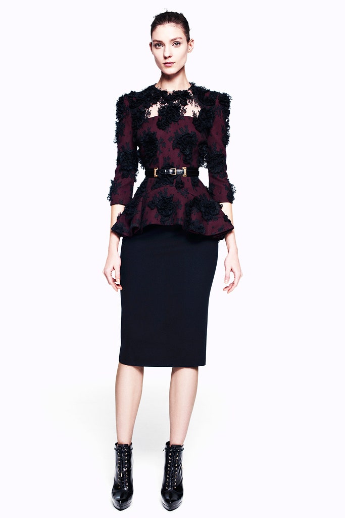 red silk long-sleeve collared fitted ruffled embroidered blouse