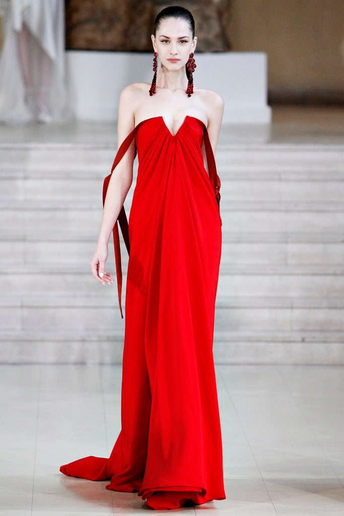 fitted red silk gown