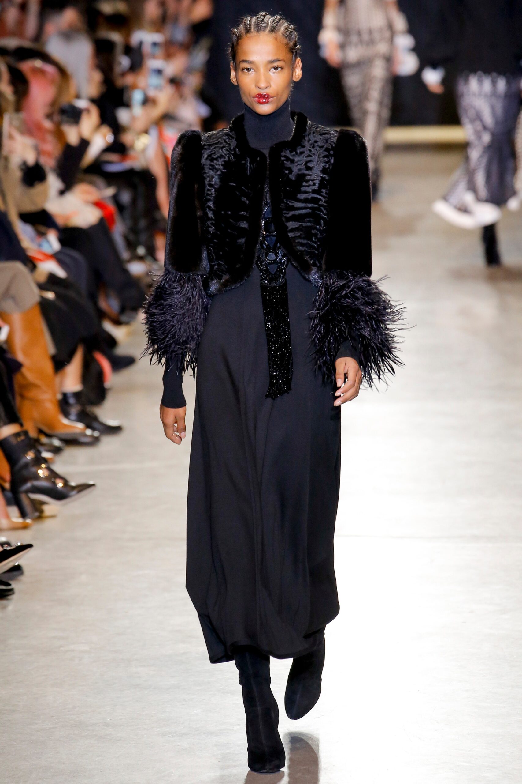 black fur long-sleeve collared structured ruffled jacket