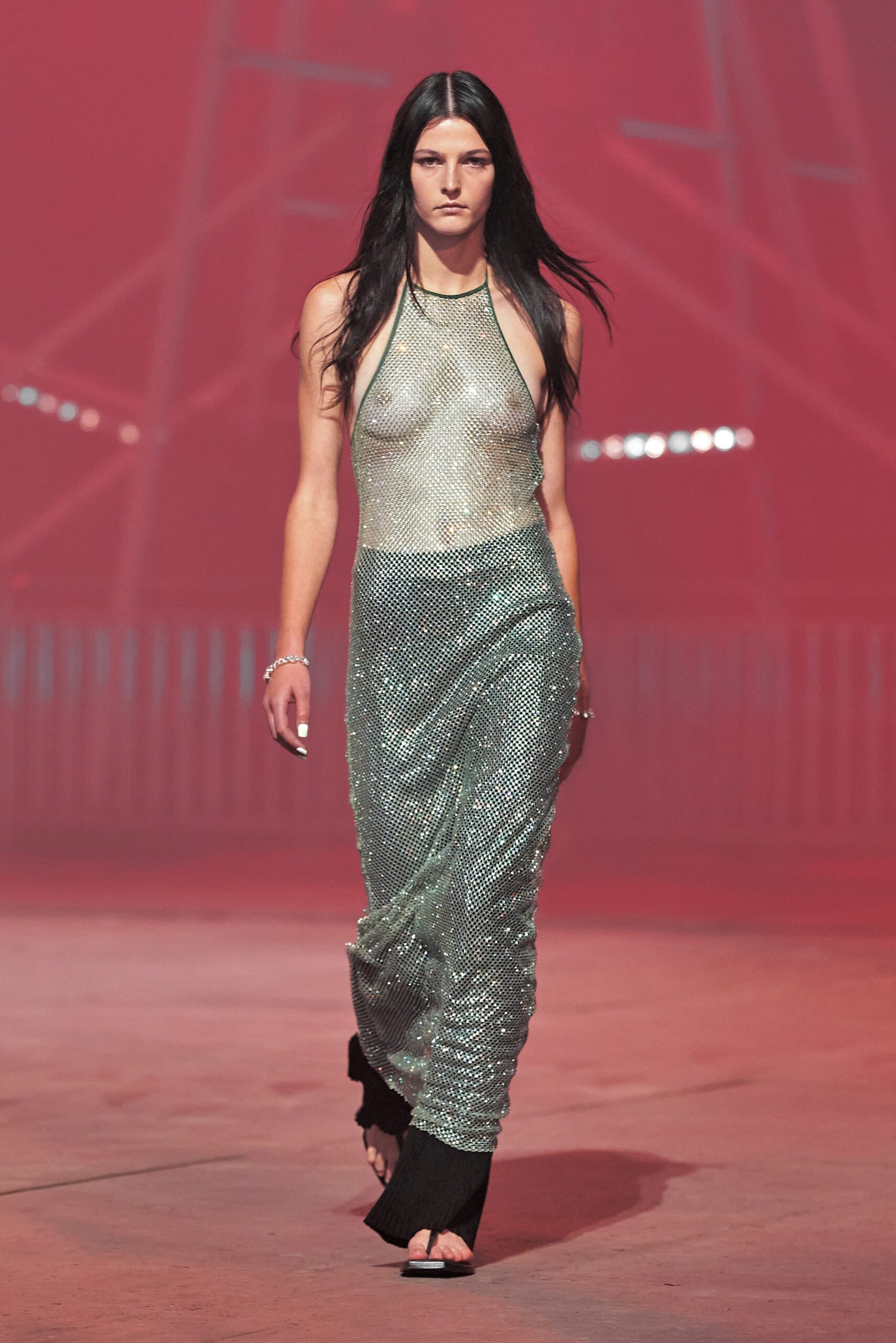 fitted green mesh dress