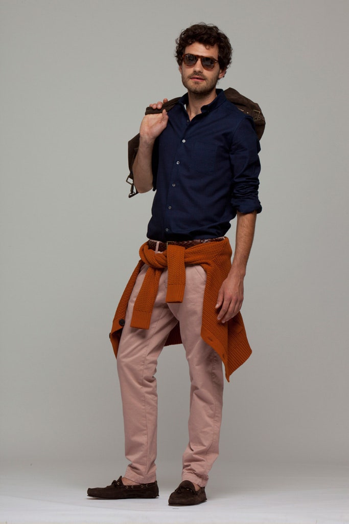blue shirt pink pants orange sweater