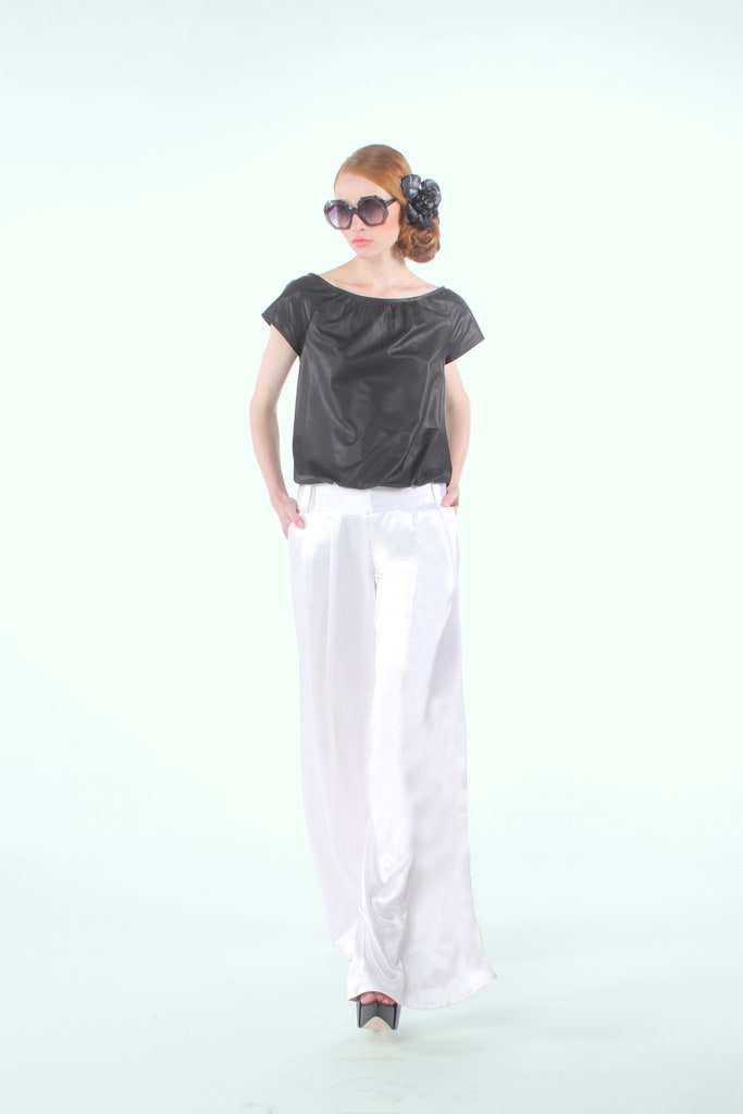 white silk relaxed wide-leg shiny pants