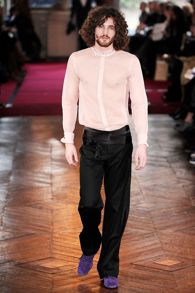 pink silk long-sleeve collared fitted buttoned sheer shirt