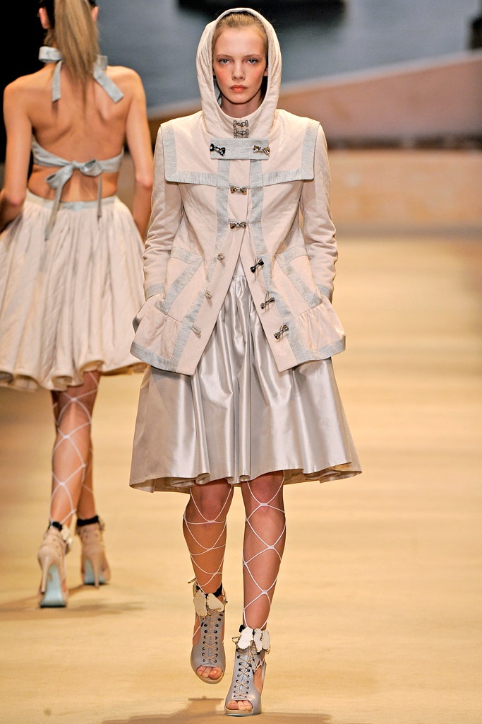 beige fitted jacket and silver midi dress