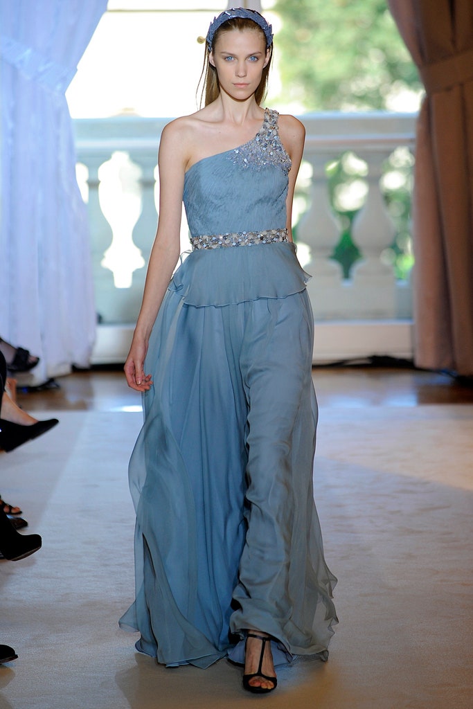 blue silk one-shoulder gown