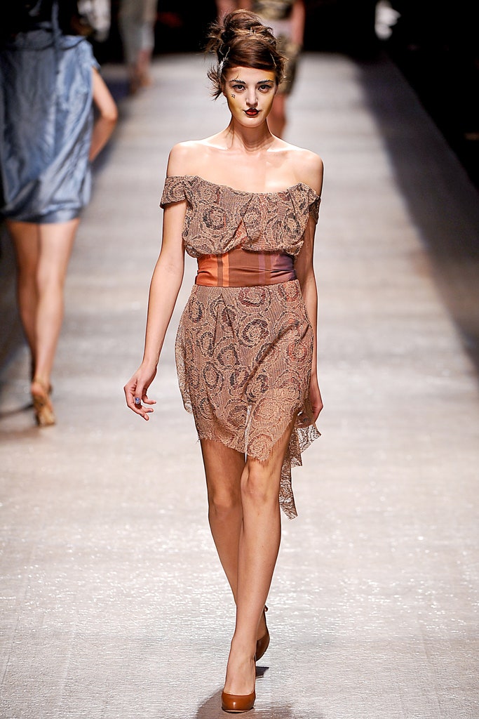 brown beige silk off-shoulder dress