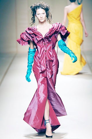 purple satin ruffled gown with blue gloves