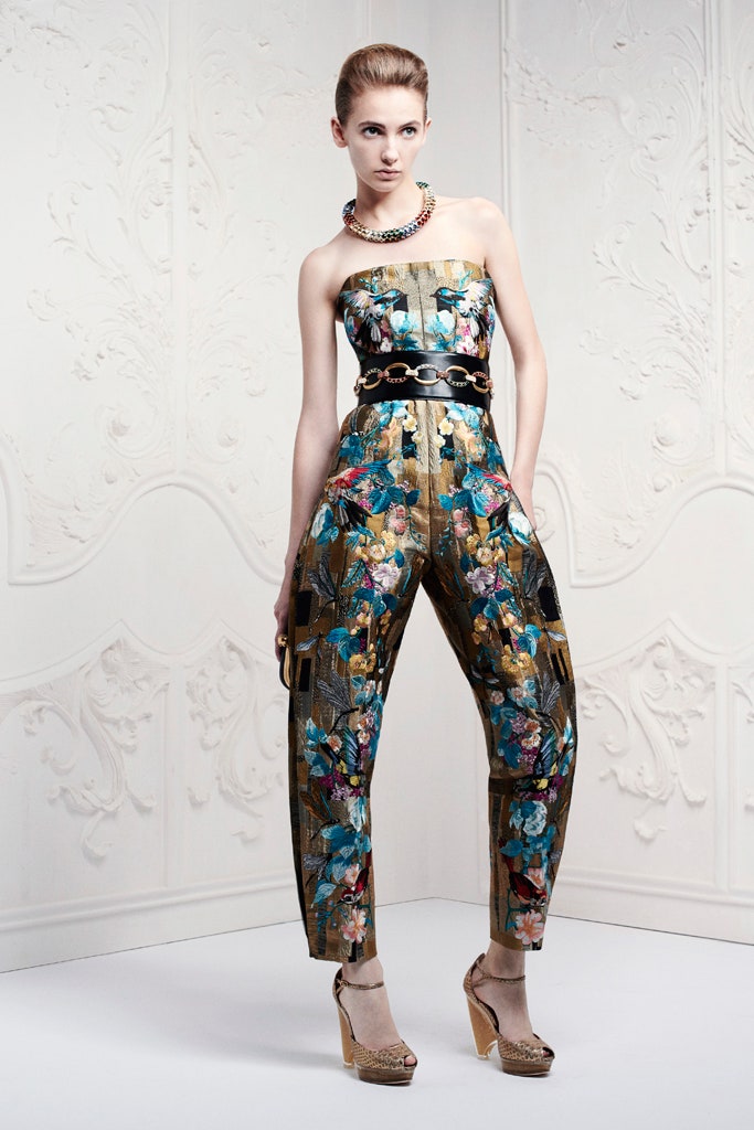 gold multi floral strapless jumpsuit