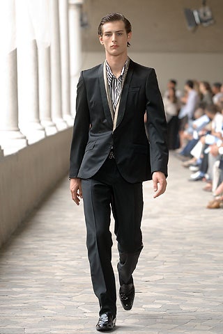 black tailored suit with striped shirt