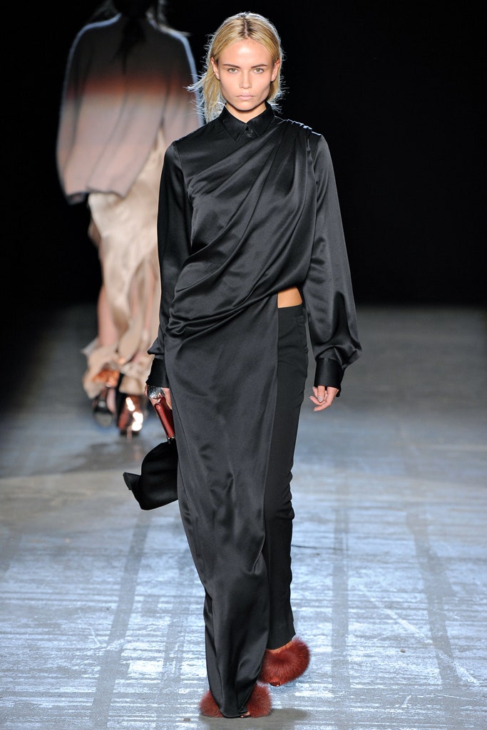 black silk draped midi dress