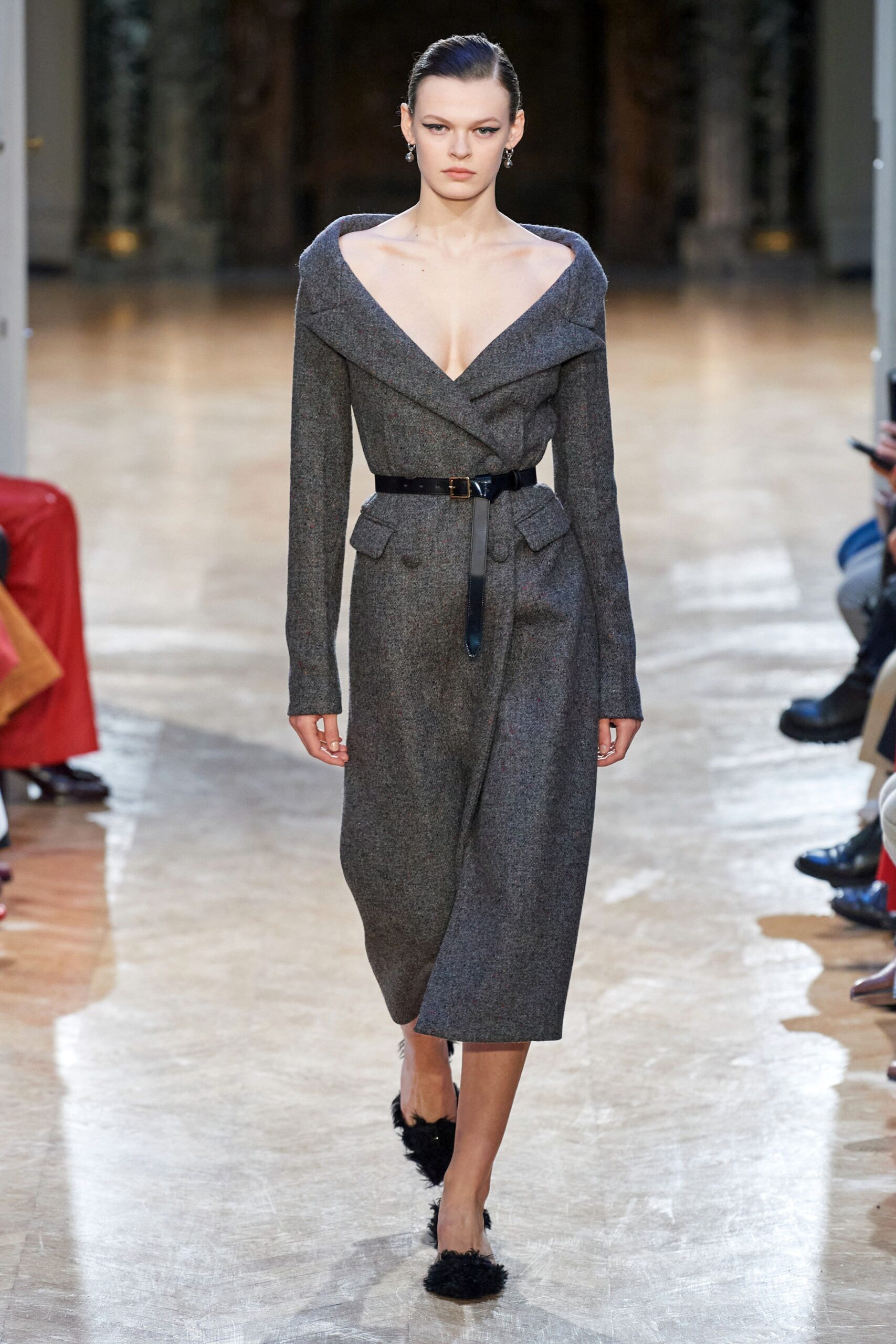 gray wool fitted midi dress