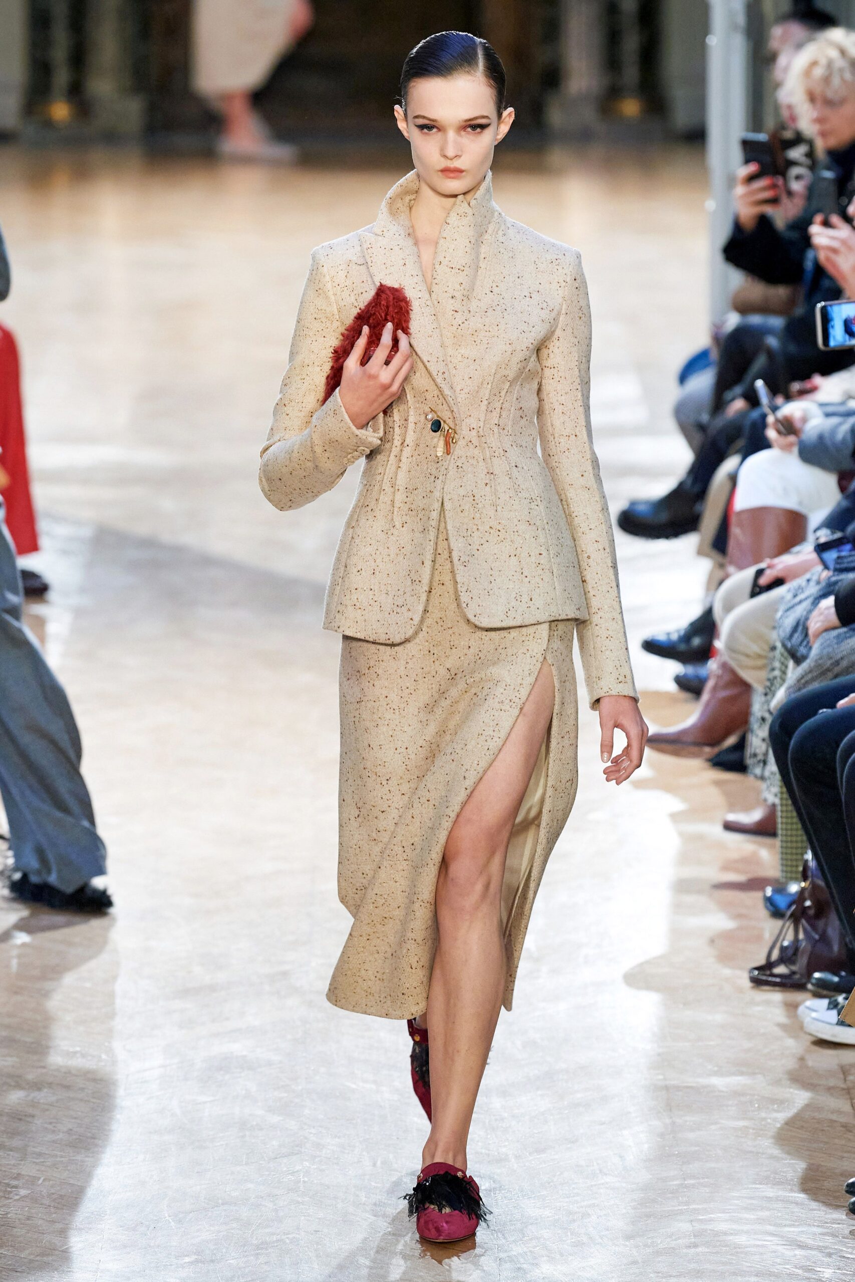 fitted beige silk suit