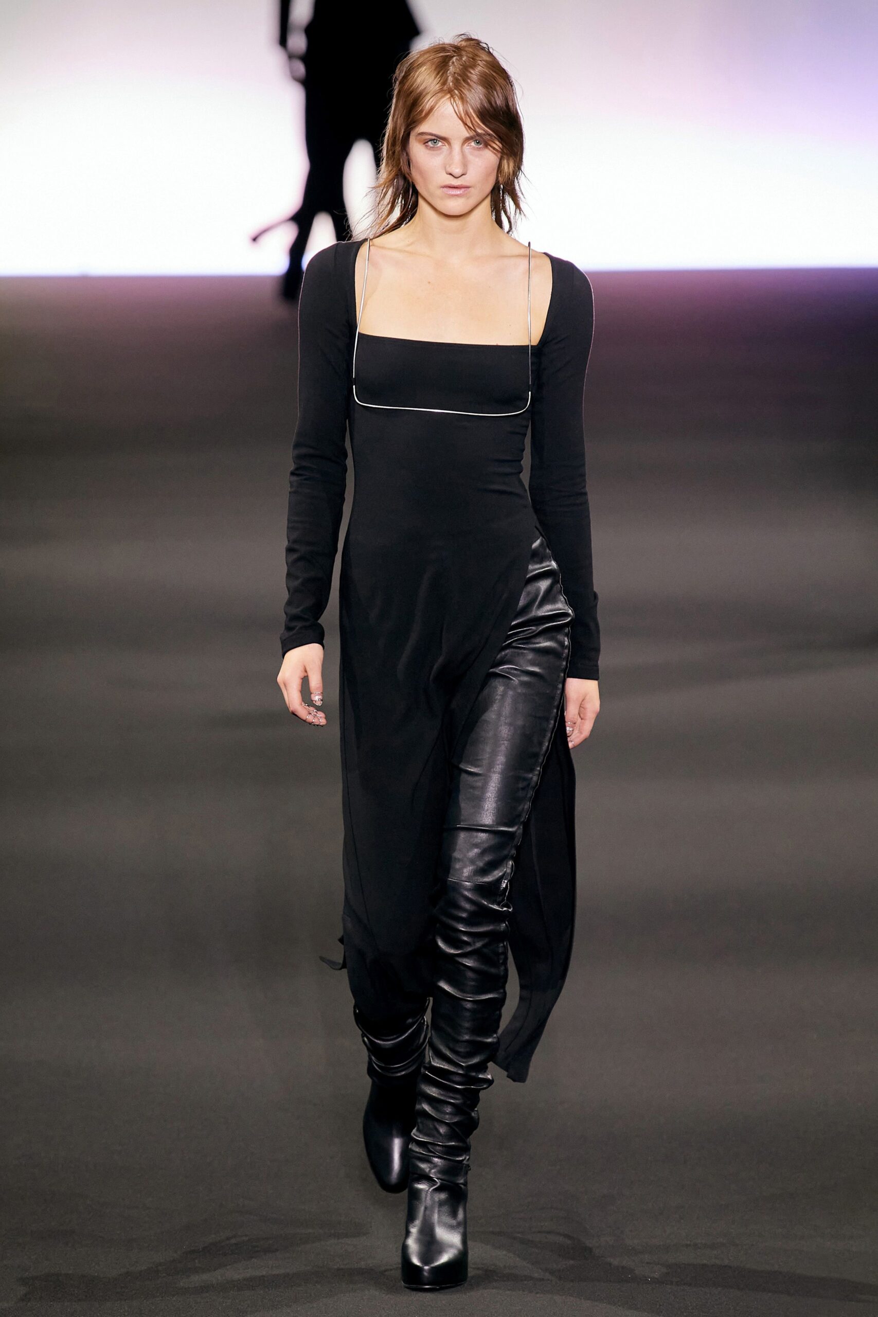 black fitted midi dress with leather pants