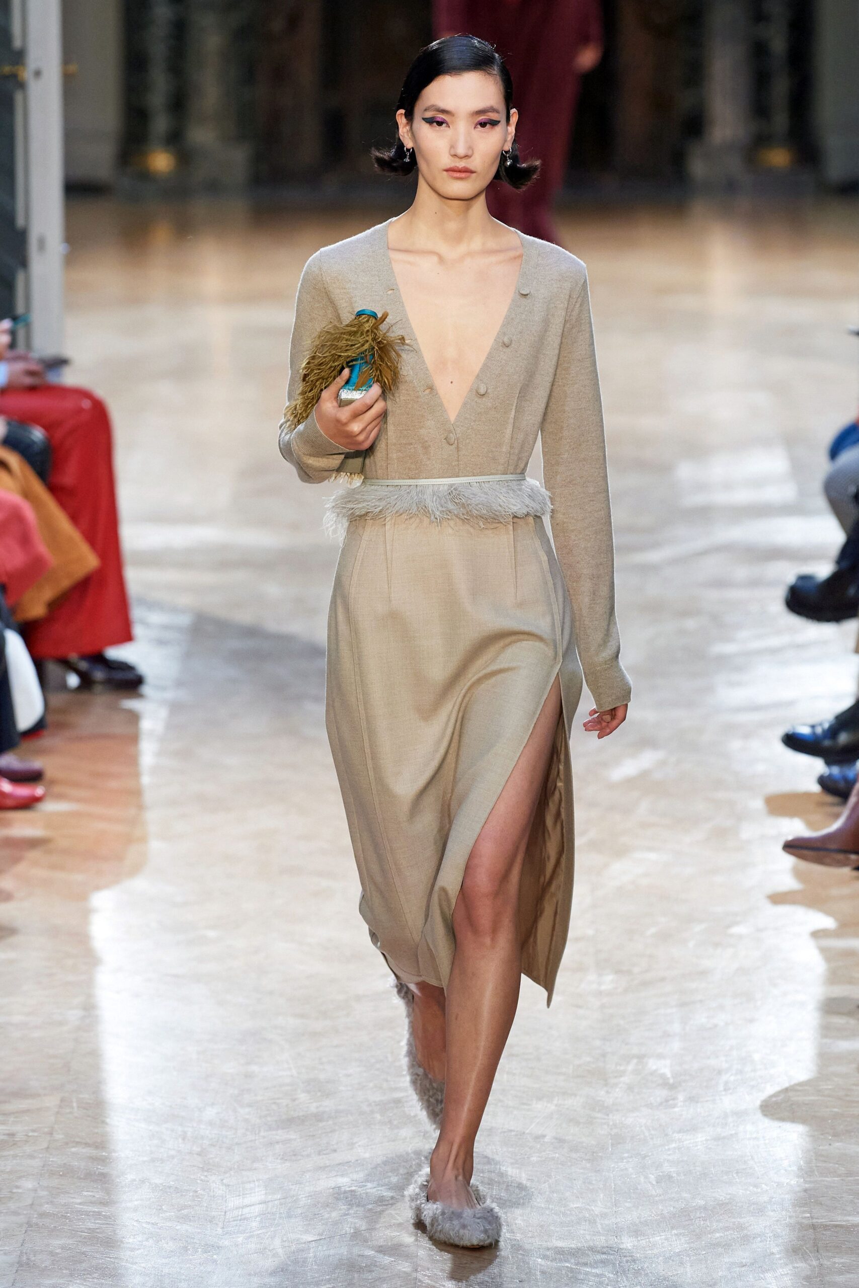 beige silk long-sleeve dress