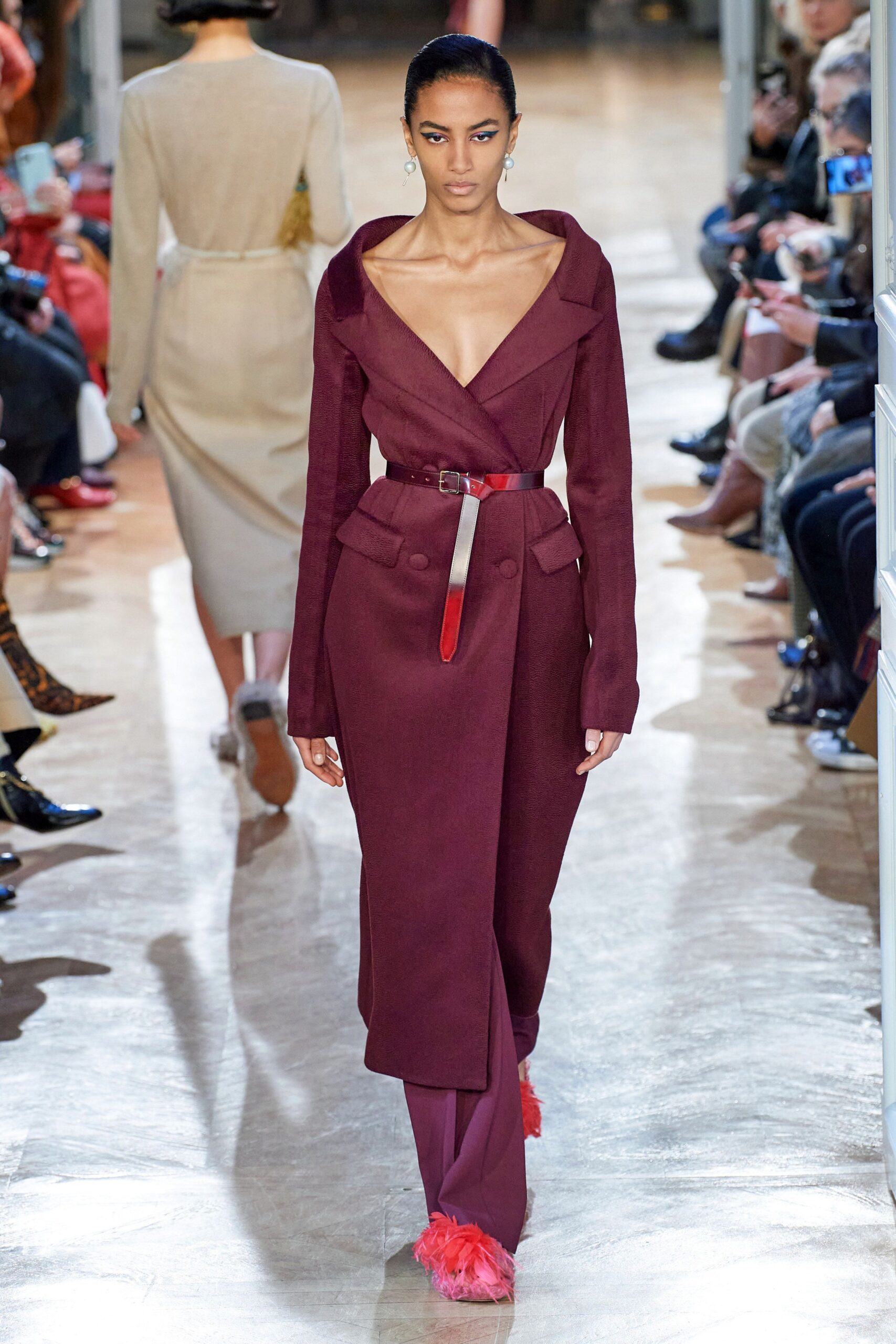 maroon wool coat with pink pants