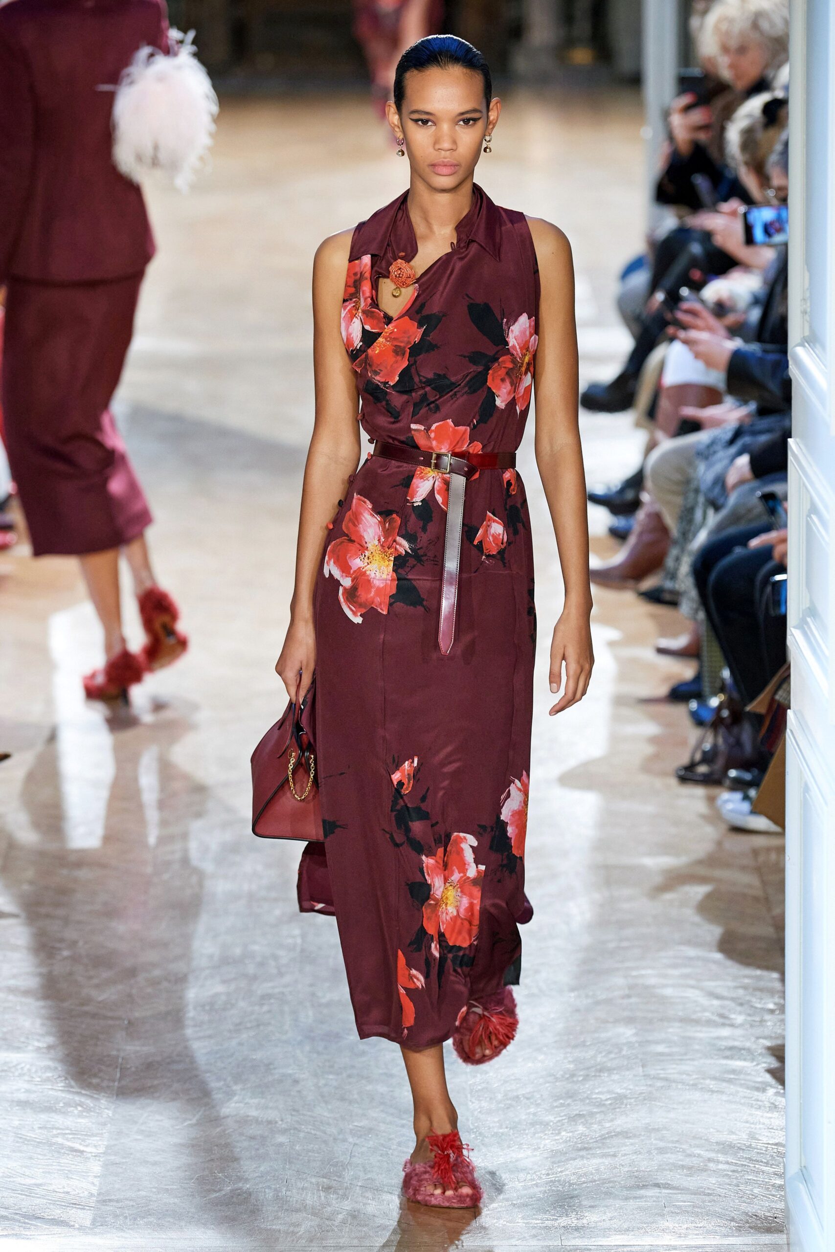red floral midi dress