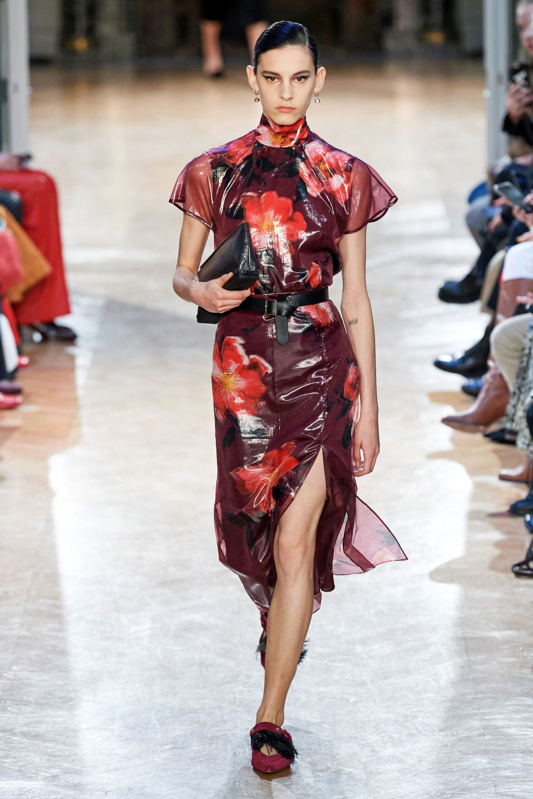 red silk sleeveless high-neck fitted floral sheer dress