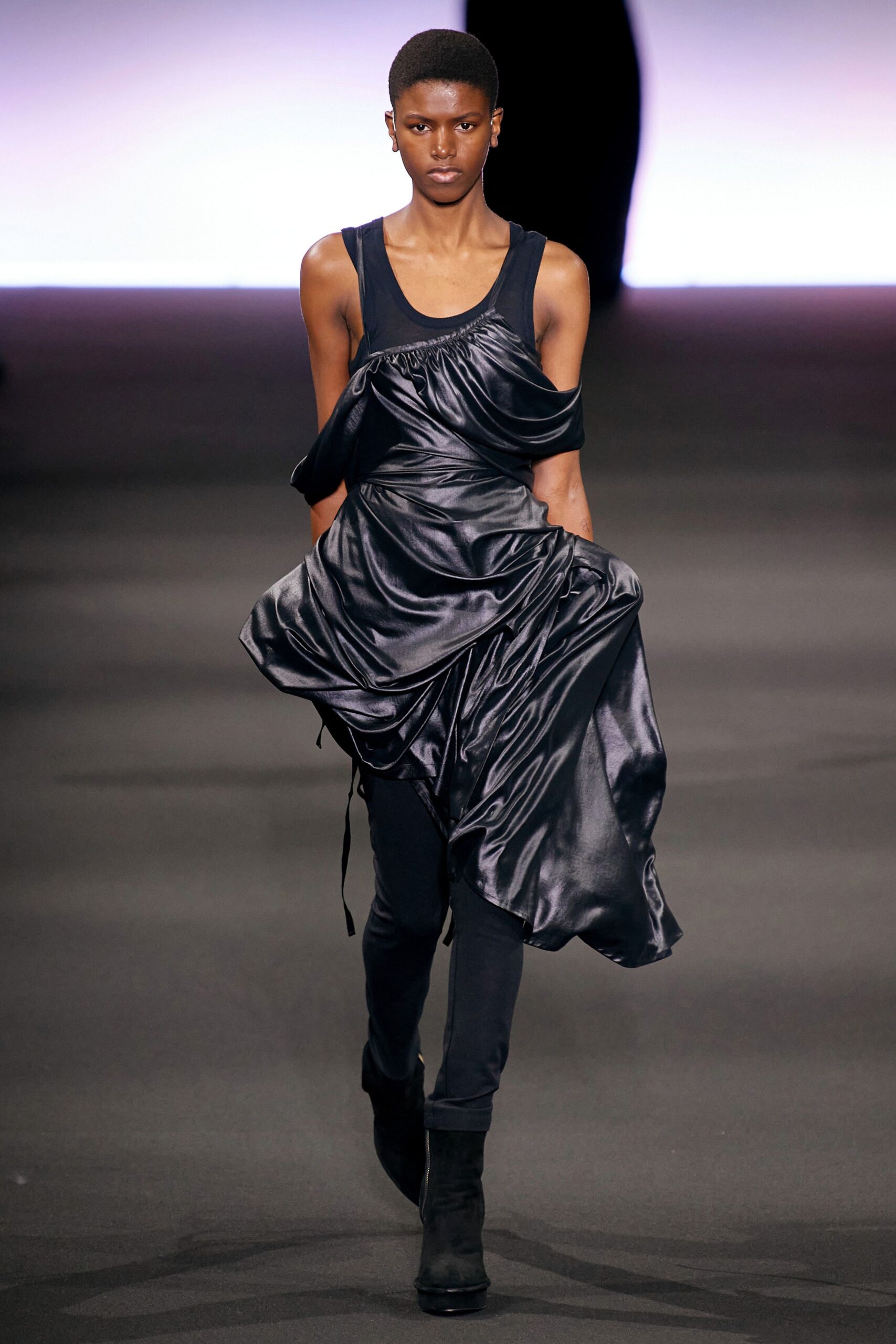 black silk draped midi dress and slim pants