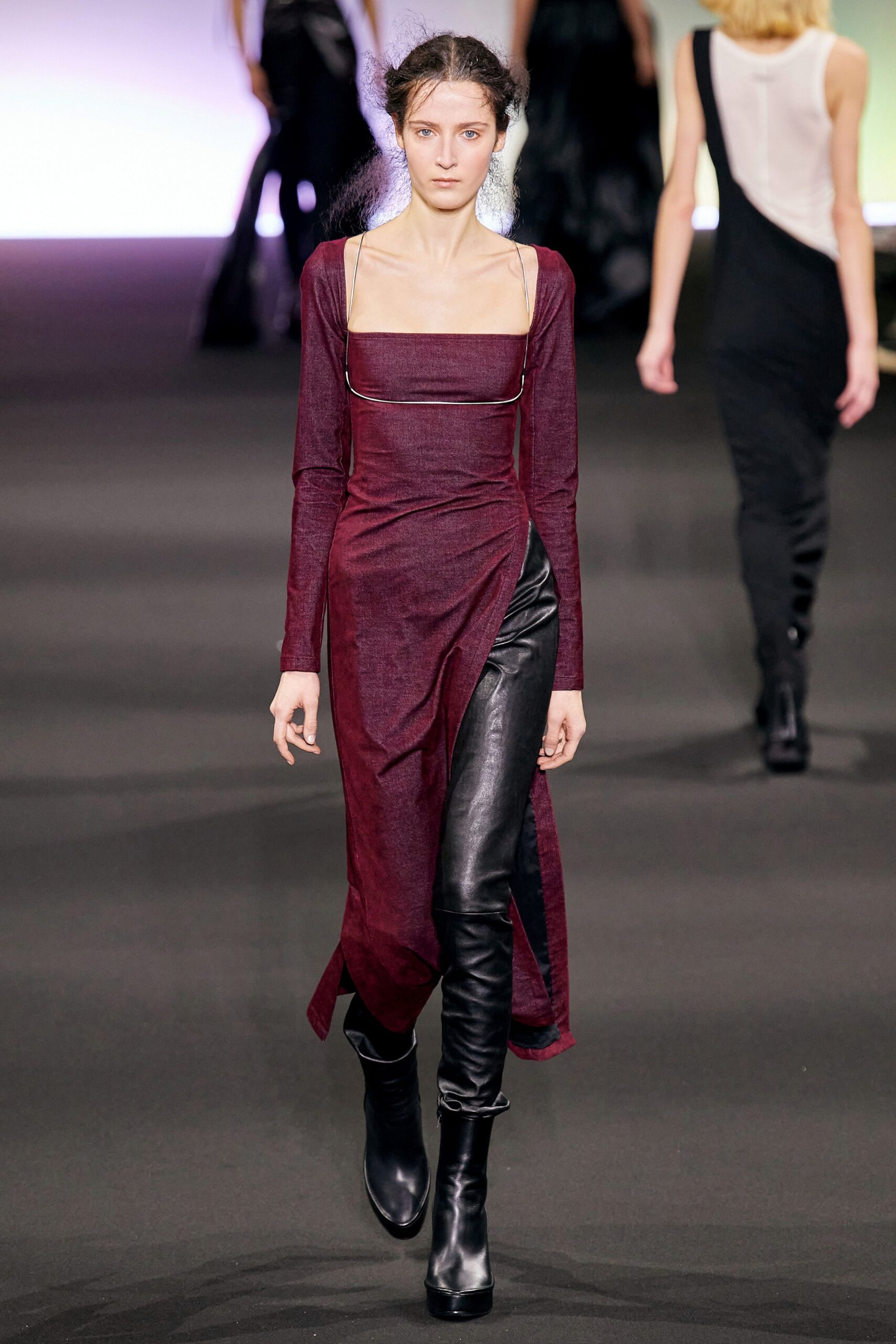 red silk asymmetric dress with black leather pants