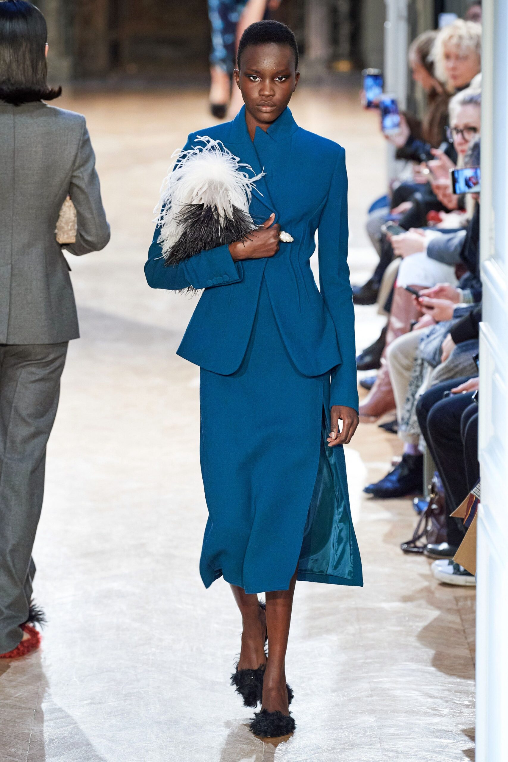 blue silk long-sleeve collared tailored structured blazer
