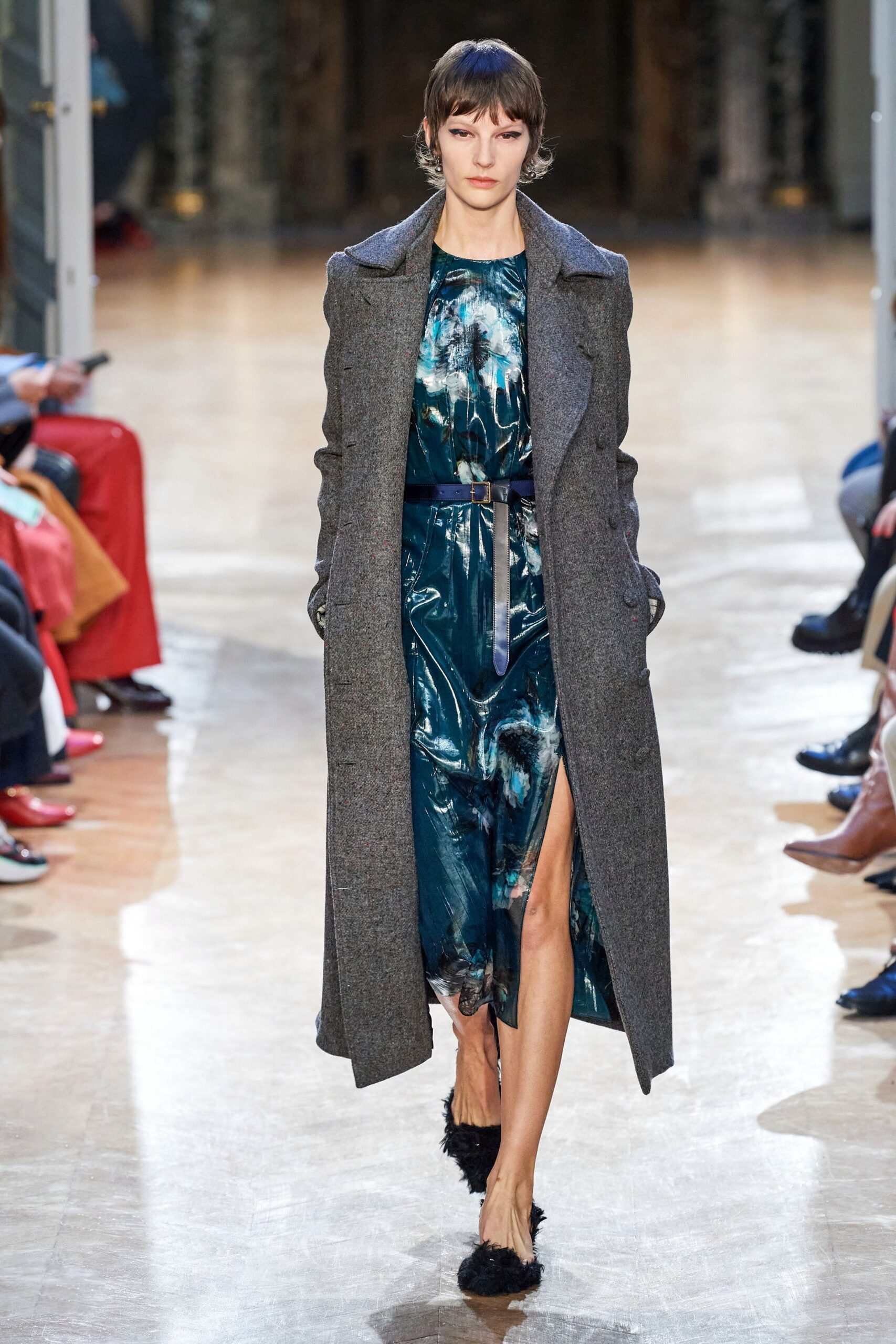 blue silk sleeveless v-neck fitted printed flowing dress
