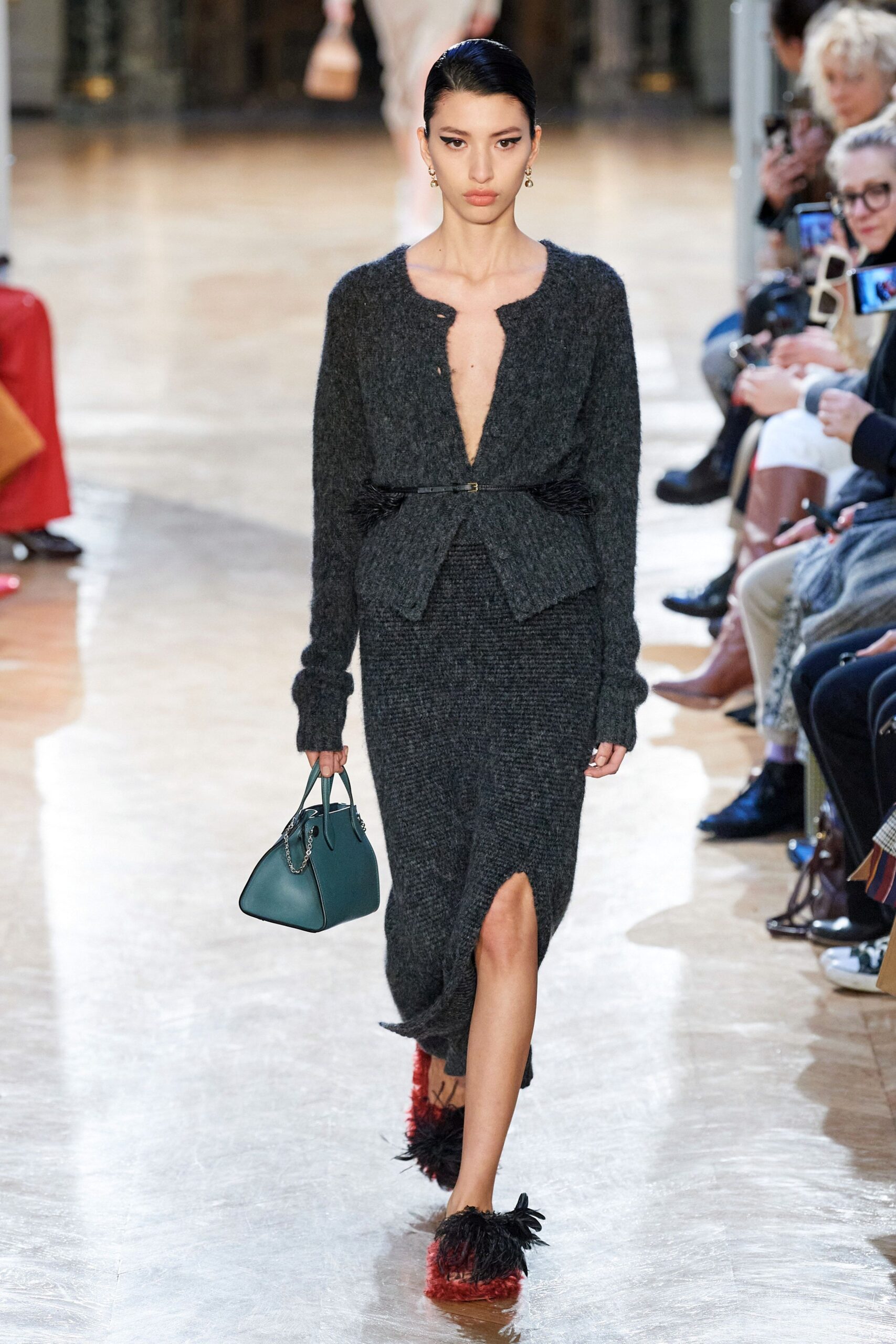 gray wool long-sleeve v-neck fitted belted midi dress