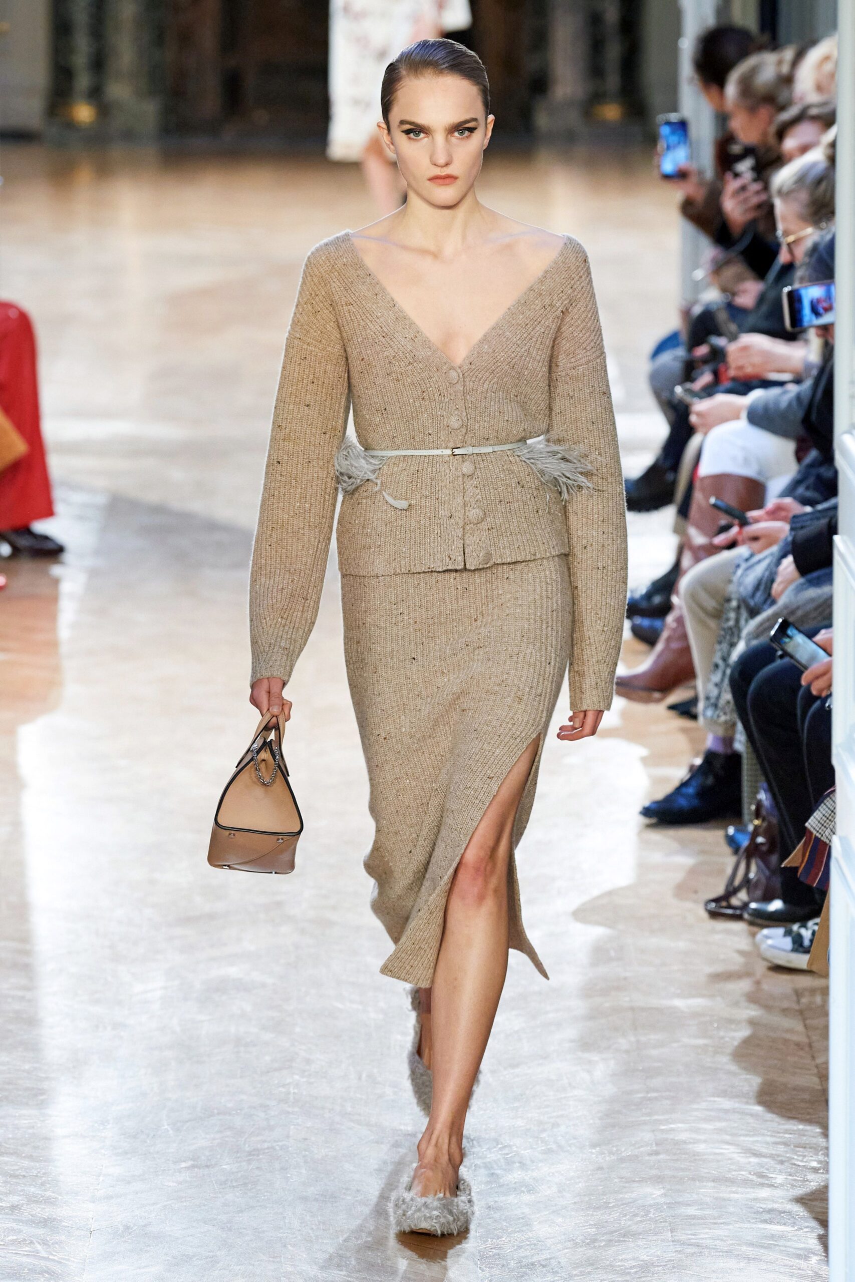 beige knit slit fitted high-waisted straight-leg midi skirt
