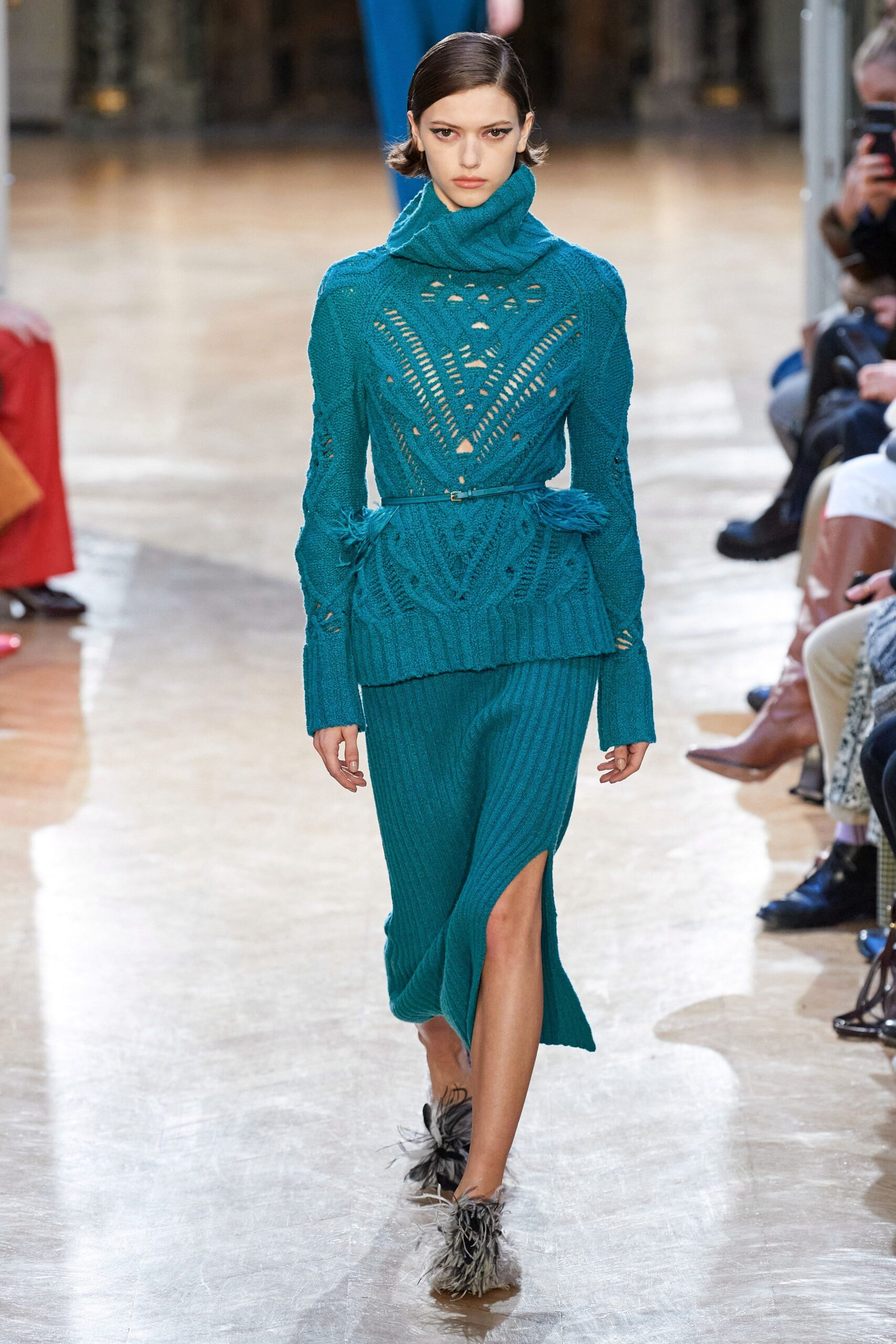blue knit long-sleeve high-neck fitted layered midi dress