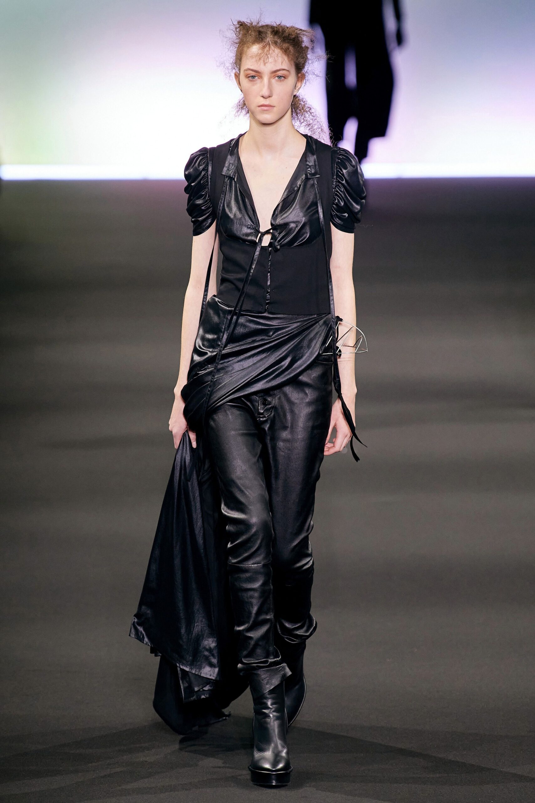 black leather fitted top and pants