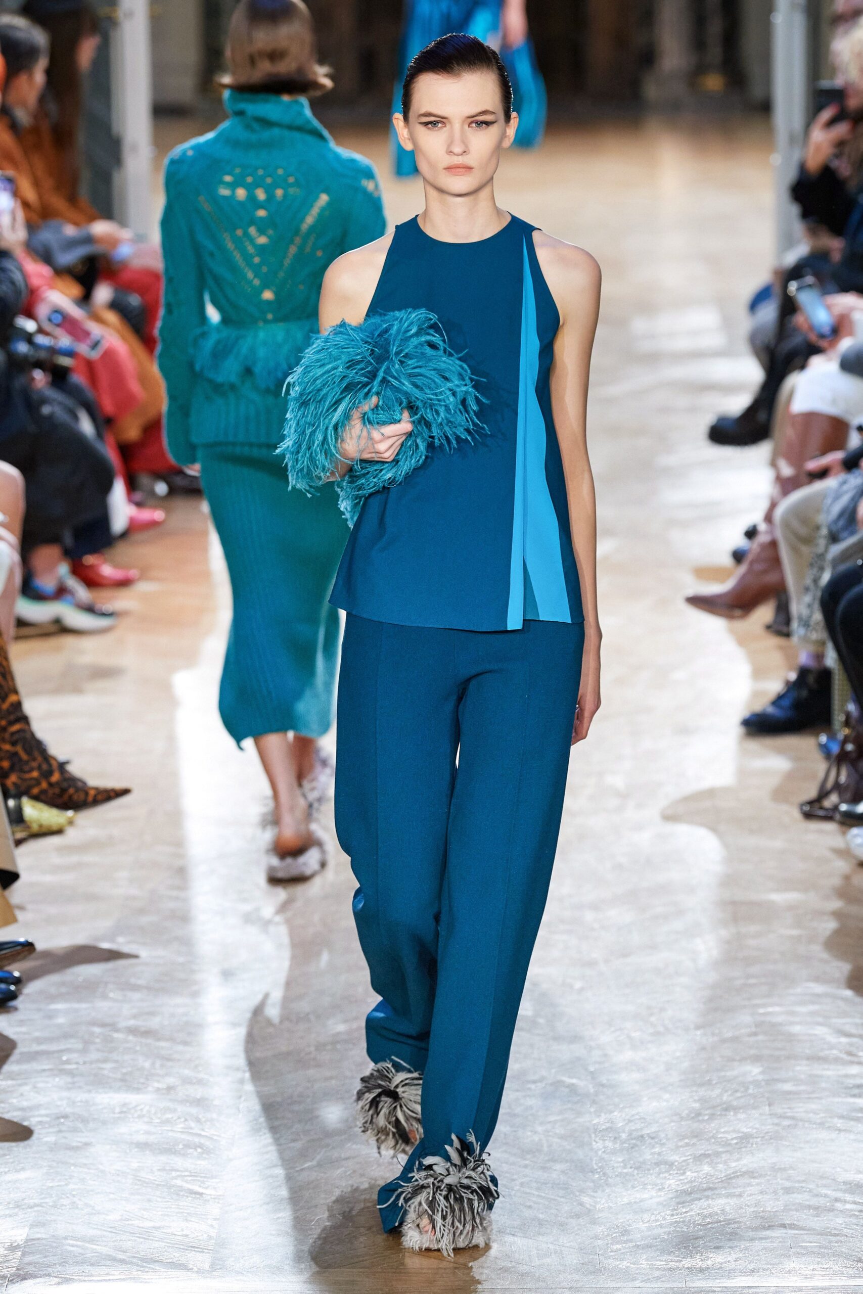 blue color-blocked top with relaxed pants