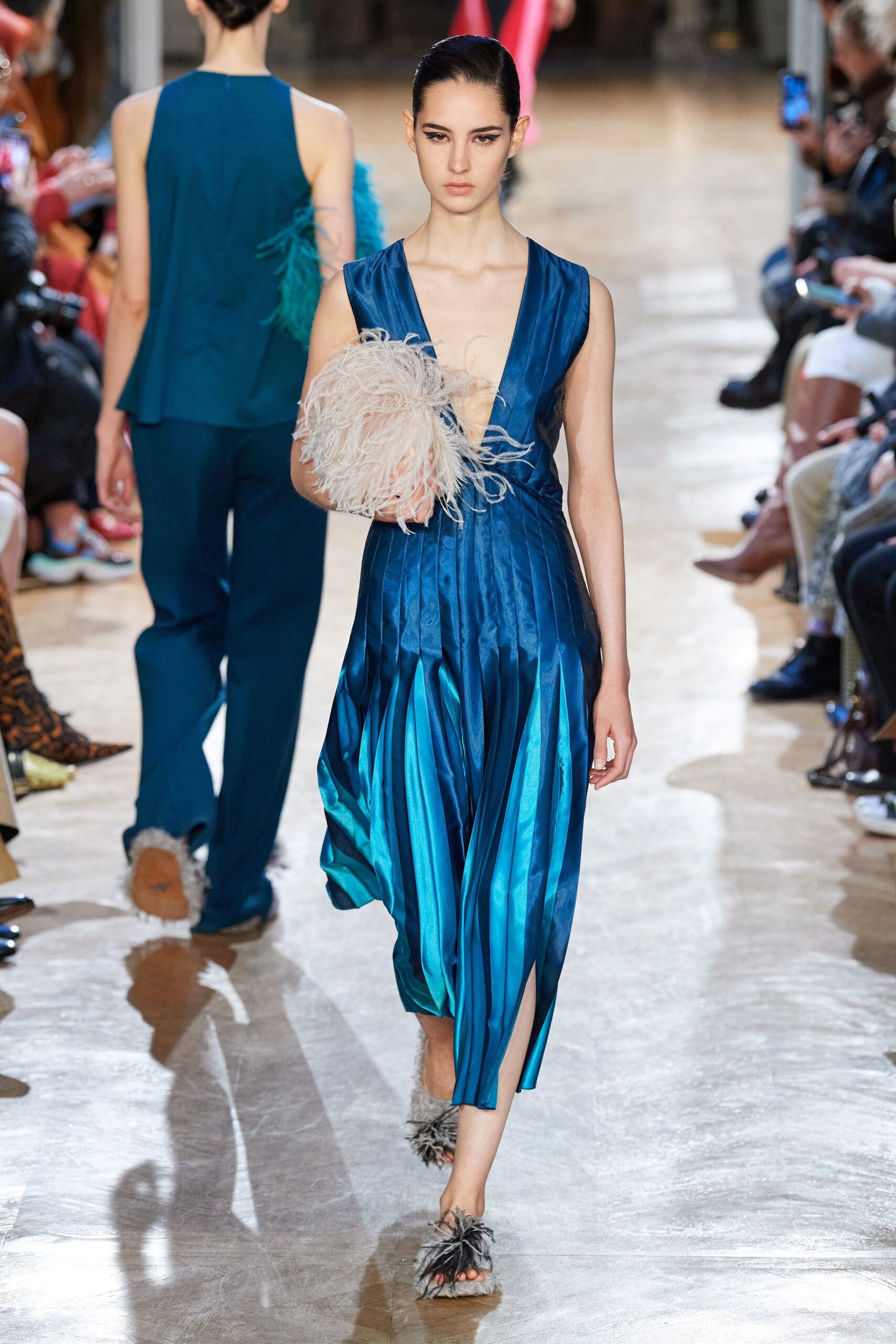 blue teal silk pleated dress