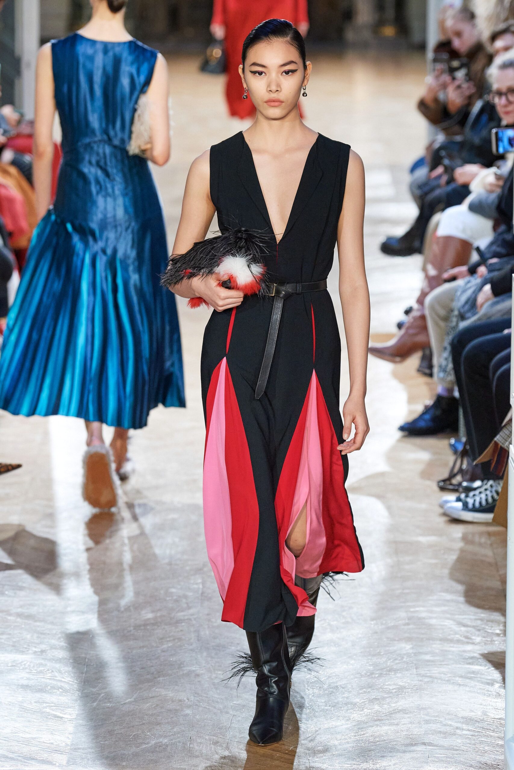 black and pink color-blocked midi dress